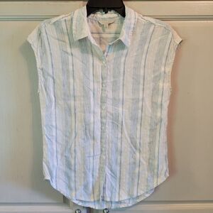 Lucky Brand White Blue Stripe Sleeveless Button Up Blouse Top